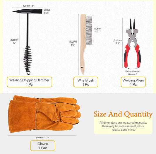 4 Pcs Wire Scratch Brush Slag Removal Tool Set Contains 10 Inch Welding Chipping Hammer, Welding Mufti-Functional Pliers, Wire Brush, Welding Gloves for Cleaning Removing Slag