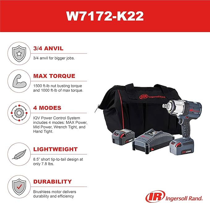 Ingersoll Rand W7172-K22 3/4" Impact Wrench and 2 Battery Kit, 4 Power Modes, Brushless Motor, 1500 ft-lbs Nut Busting Torque, 1000 ft-lbs Max Torque, LED Light Ring, Gray
