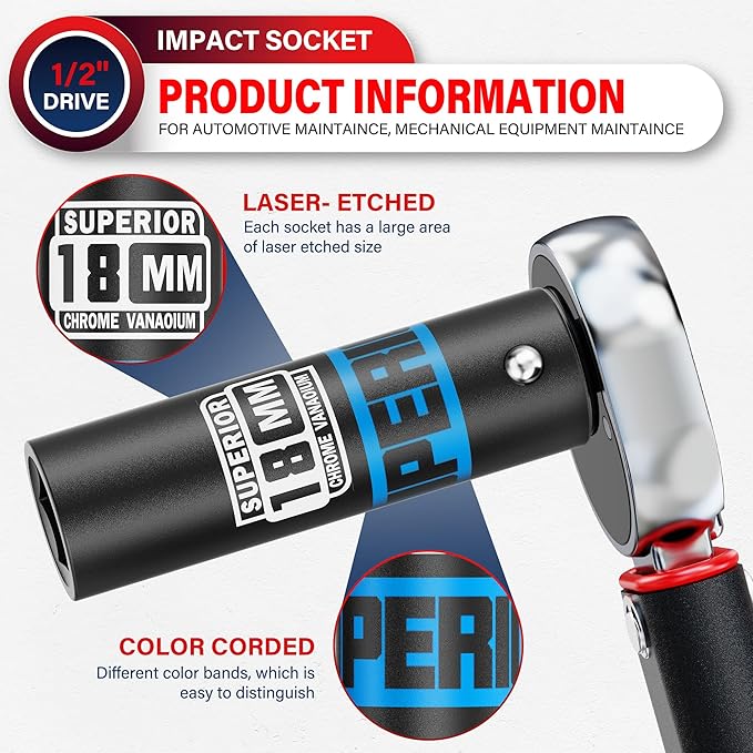 1/2" Drive Impact Socket, 18 mm Deep Socket, Metric, 6 Point, CR-V, for Automotive Maintaince, Mechanical Equipment Maintaince