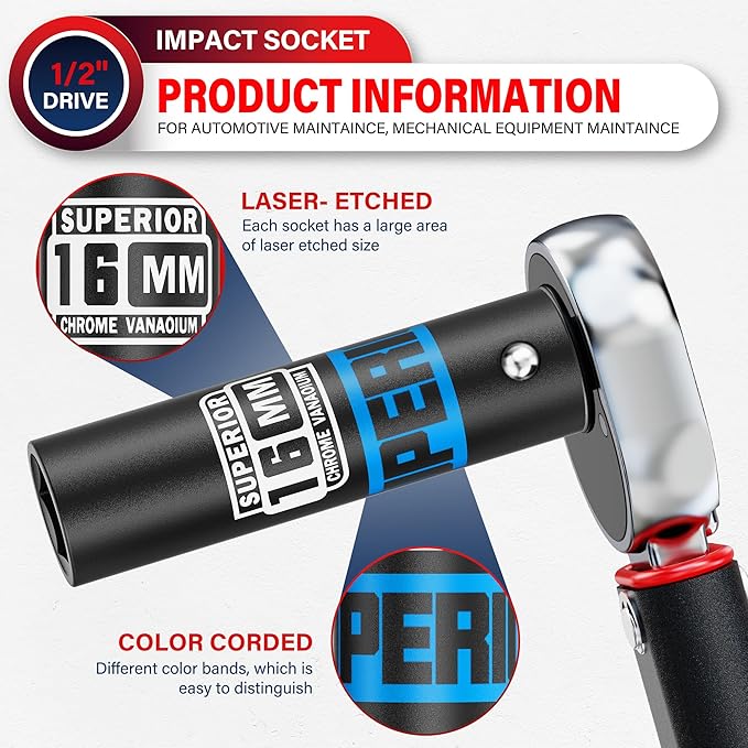 1/2" Drive Impact Socket, 16 mm Deep Socket, Metric, 6 Point, CR-V, for Automotive Maintaince, Mechanical Equipment Maintaince