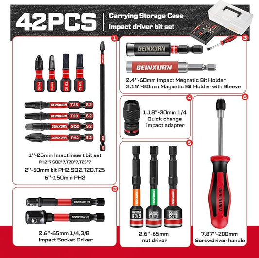 42Pcs Impact Screwdriver Set,Impact Screwdriver Bit Set Phillips/Hex/Torx/Square/Slotted Insert Power Bit Tips,Impact Nut Driver, Bit Holder and Screwdriver Handle with Black Storage Box Case