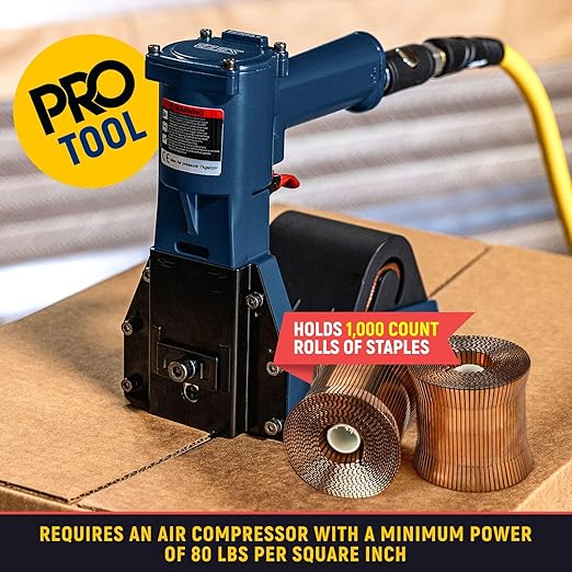 IDL Packaging RAIN-19-GR Heavy-Duty Pneumatic Staple Gun for Extra Tough Sealing with 1 1/4" (32 mm) Crown Staples - Heavy-Duty Air Powered Roll-Feed Stapler for Fast Box Closing