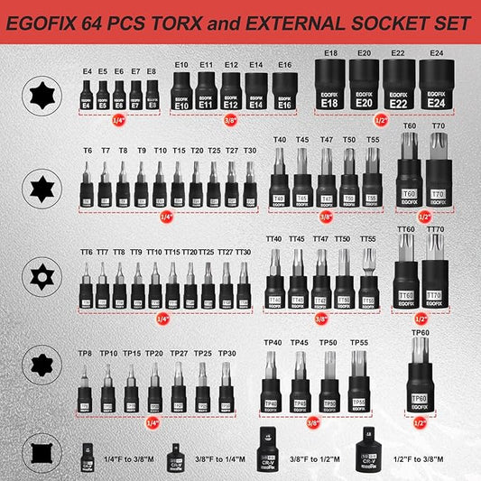 Torx Bit Socket and External Socket Set, S2 and Cr-V Steel, Master Impact Torque Output Complete Kit 64 Pieces