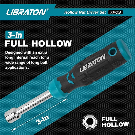 Libraton Hollow Nut Driver Set SAE, Magnetic Hex Nut Drivers, 3-inch Full-hollow Shaft for Long Bolts, 7-Pieces Standard Sizes 3/16, 1/4, 5/16, 11/32, 3/8, 7/16, 1/2 Inch