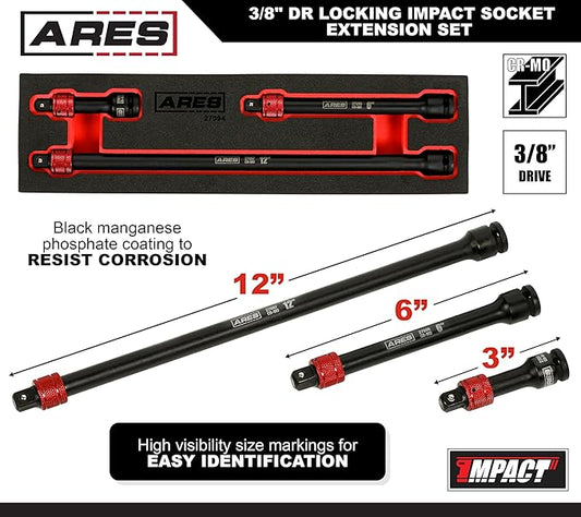 ARES 27094-3-Piece 3/8-Inch Drive Locking Impact Socket Extension Set ??Aluminum Locking Ring Collar for Quick Release of Sockets and Accessories ??3-Inch, 6-Inch, and 12-Inch Extensions