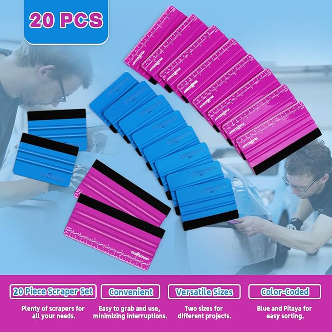 TECKWRAP Professional Squeegee for Vinyl, 20 PCS Plastic Felt Squeegee Tool Decals Inkjet Vinyl Sticker Paper, and Wallpaper Application Tools, 6 Inch Pitaya횞10 & 4 Inch Blue횞10