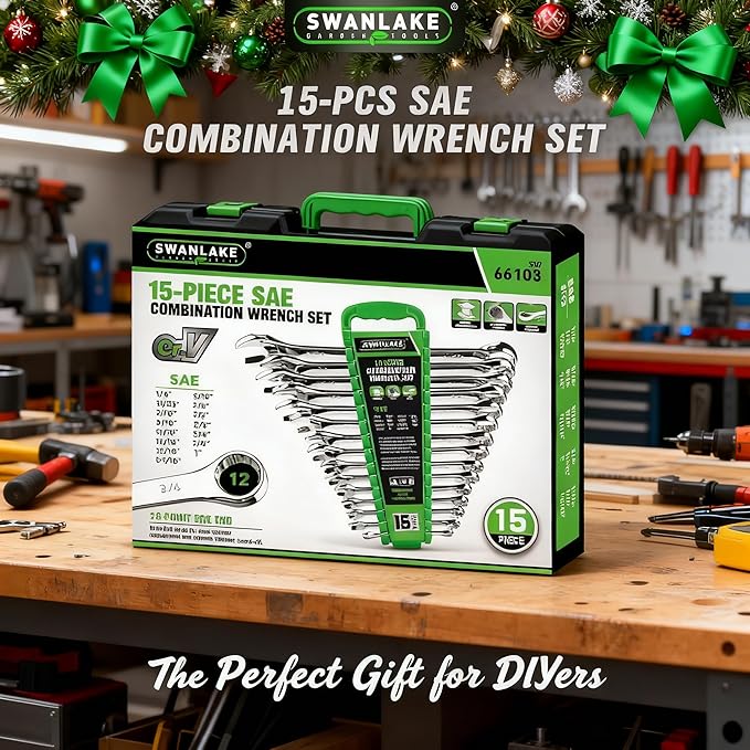 SWANLAKE GARDEN TOOLS 15-Piece SAE Wrench Set, V Notch Premium Combination Wrenchs Set, SAE 1/4" to 1", Max Torque, 12-Point, Chrome Vanadium Steel, with Storage Rack