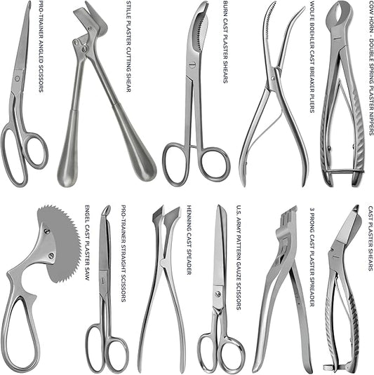 Cast Spreader 3 Prong, Burn Cast & Plaster Shear, Scissors Pliers Forceps Plaster Opner Orthopedic Tools Instruments German Grade Stainless Steel (11 pcs Set)
