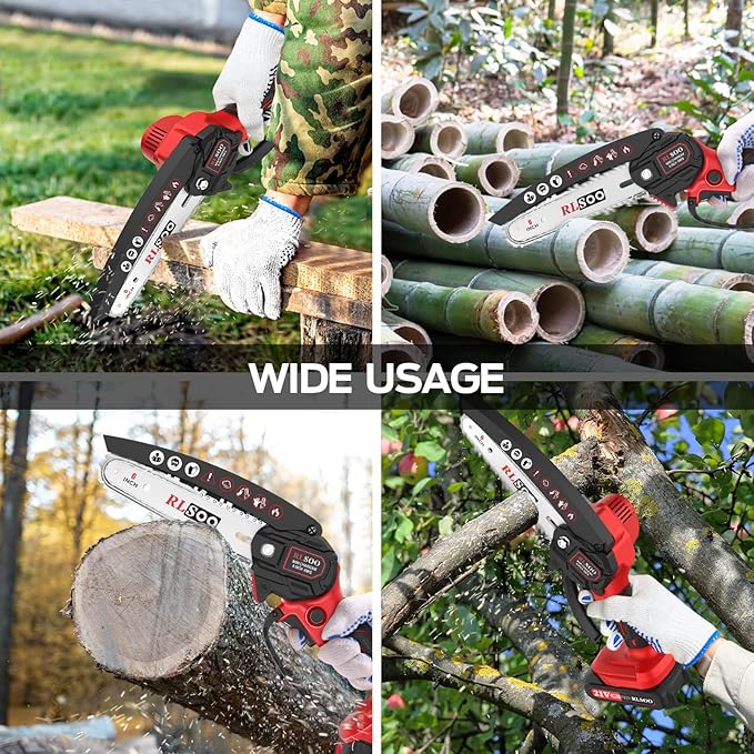 Mini Chainsaw Cordless, 6 Inch Handheld Chain Saw Battery Powered with 2 Rechargeable Batteries and 3 Chains, Portable Small Electric Tree Trimmer for Wood Cutting, Pruning, Courtyard and Household