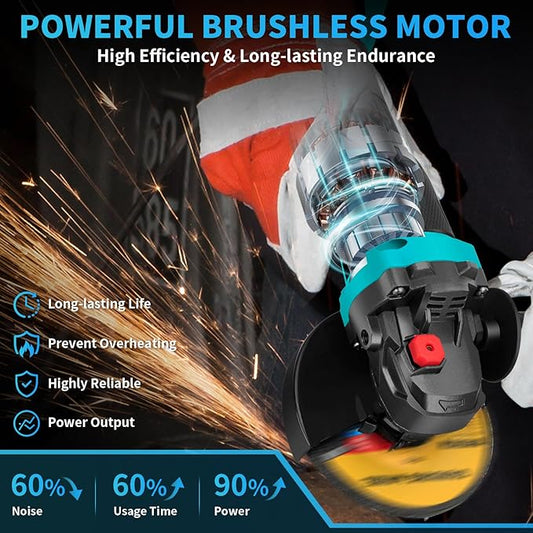Cordless Angle Grinder 5-Inch,21V Brushless Power Grinder Tool with 2x6.0Ah Battery & Charger,10000RPM Variable Speed Amoladora Angular,Esmeriladora for Metal Cutting,Grinding,Polishing