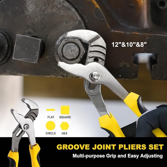 TOPLINE 4-piece Groove Joint Pliers Set with Bi-Material Handles, Tongue and Groove Pliers Set Included 12-in, 10-in, 8-in and 6-in, Perfect for Plumbing Repair and Basic Home Maintenance