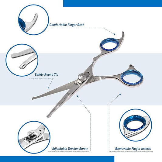 Laazar Pro dog grooming scissors, Straight Pet grooming shears, with Safety Round Tip, Ball Point for easy and safe use. | Premium Sharp Long Lasting Professional Hair Trimming Scissors (5.5 Inches)
