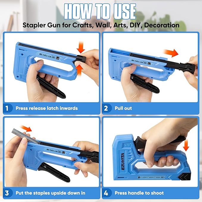 EZUVITA Light Duty Staple Gun for Wood, Blue Upholstery Staple Gun Kit with 2000pcs JT21 Staples 1/4, 5/16, 3/8 inch and Staple Remover, Stapler Gun for Crafts, DIY, Classroom, Decoration