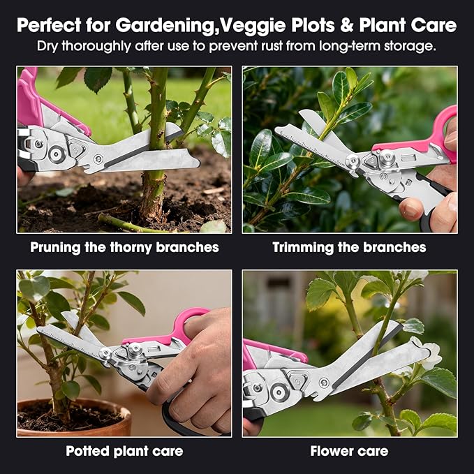 6 in 1 Multifunctional Combination Tool, Folding Retractable Emergency Shears, Outdoor Camping Tools, Seat Belt Cutter, Oxygen Cylinder Wrench, Complimentary Adjustable Wrench (Black Pink)