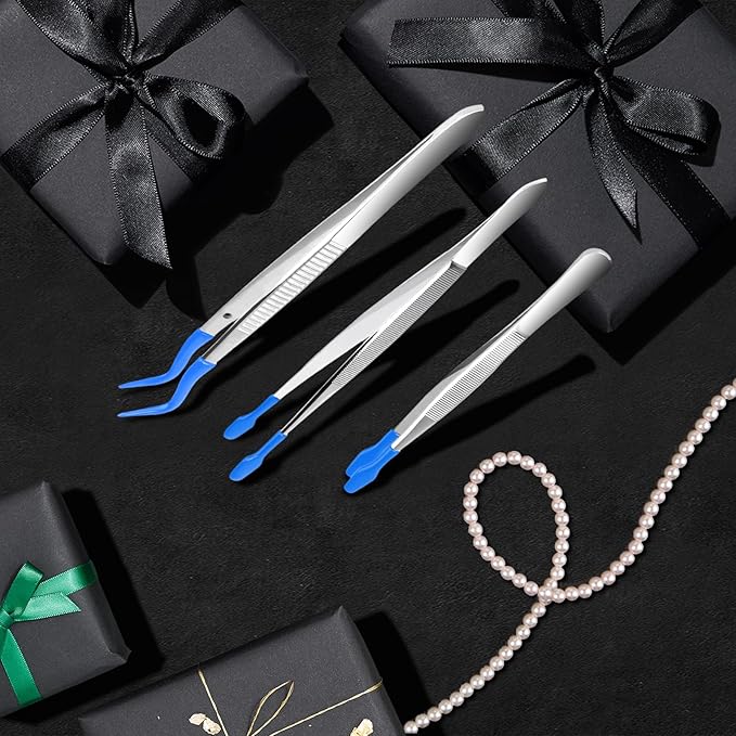 3PCS Tip Tweezers, Silicone Rubber Flat Tipped Tweezers Bent Tip for Jewelry Coin Stamp (Blue)