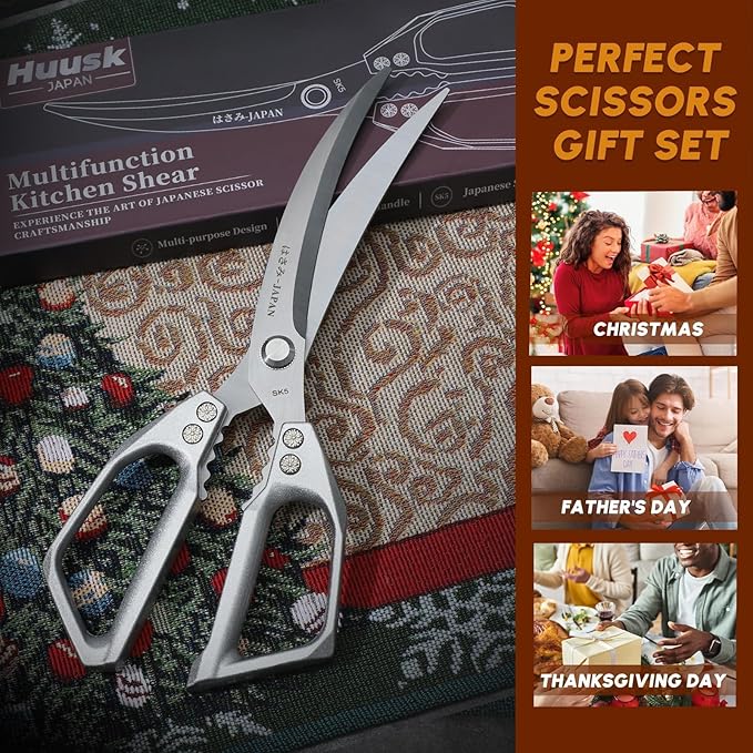 HUUSK Kitchen Scissors Silver - Stainless Steel Kitchen Shears for Food, Japanese Cooking Scissor, Sharp Meat Scissors Dishwasher Safe, Heavy Duty Poultry Shears for Chicken, Christmas Gifts for Women