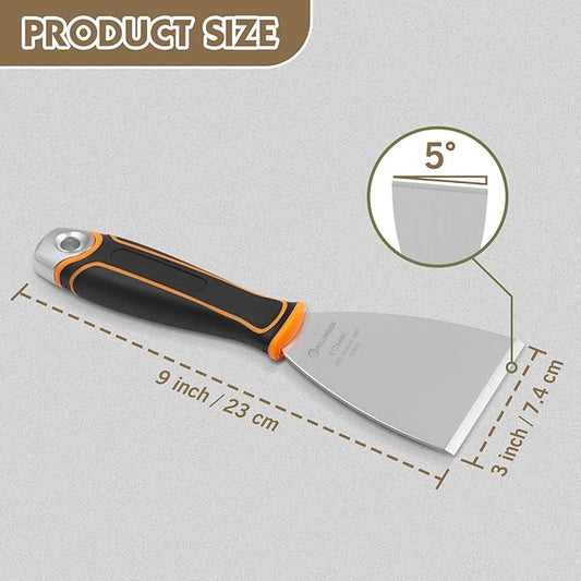 ROLLINGDOG 3" Angled Stiff Chisel Scraper-5 Degree Angled Putty Knife with Metal Hammer Cap, Rubber Gripped Handle, Paint Scraper into Corners
