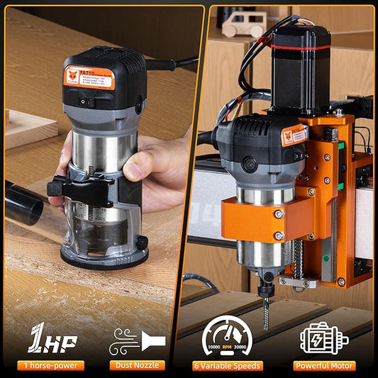 FoxAlien 1HP 710W 65mm Diameter Compact Palm Router for CNC Woodworking,6 Variable Speeds Max 30000 R/MIN Wood Trimmer with 1/4??Collet (110V)
