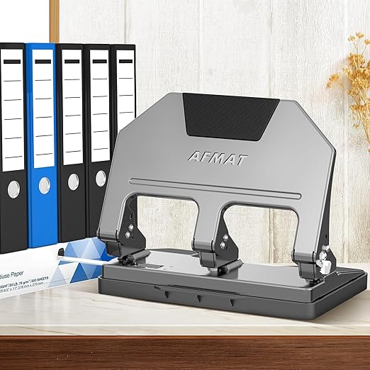 AFMAT 3 Hole Punch, 9/32" Hole Diameter, 40-Sheet 3 Hole Puncher for Binder, 50% Reduced Effort, Metal Heavy Duty Hole Puncher w/ 10,000+ Uses, Bulit-in S.S. Paper Guide, Large Chip Tray, Gray, HPX3