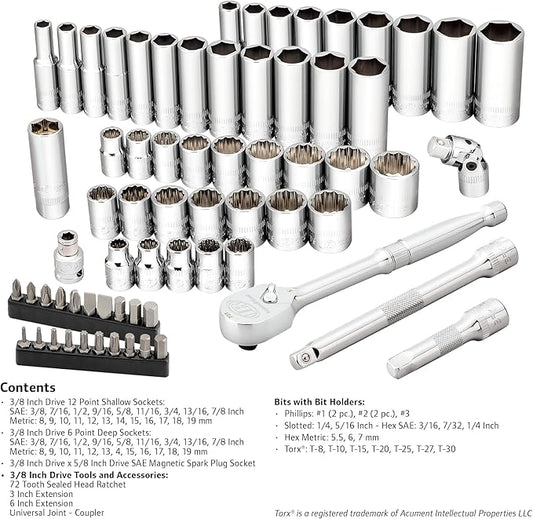 Ingersoll Rand 68 Piece 3/8-Inch Drive Metric/SAE Mechanics Tool Set, 72 Tooth Seal Headed Ratchet Handle, Chrome-Vanadium Steel Shallow/Deep Sockets, Universal Joint Socket - 752018