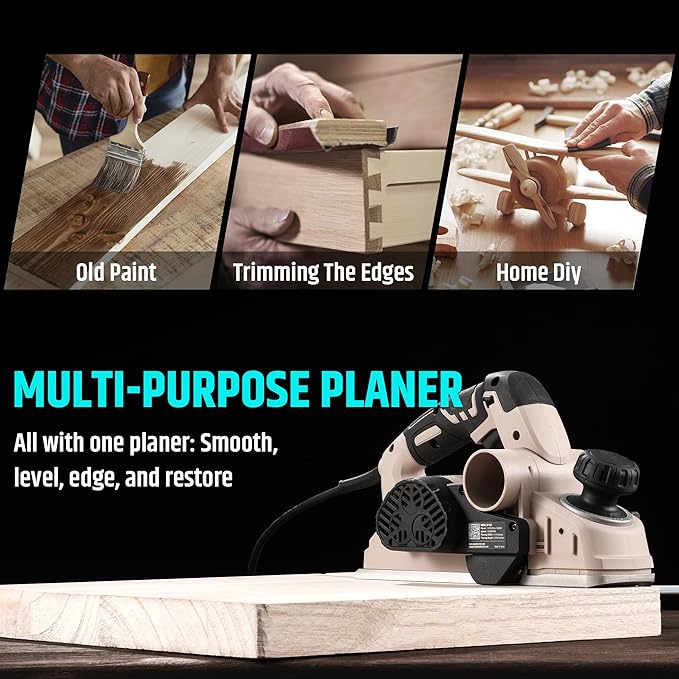 Corded Electric Hand Planer, 7.7 AMP 15000 RPM Power Wood Planer with Edge Guide and Dust Bag, 3-1/4 Inch Planing Width, for Wood Chamfer DIY, Smooth Finish Carpentry
