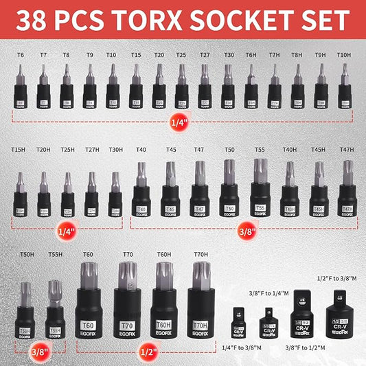38 Piece Torx Bit Set, Premium S2 Alloy Steel, Solid Star T6 ~ T70 & Tamper Proof T6 ~ T70, with Socket Adapters