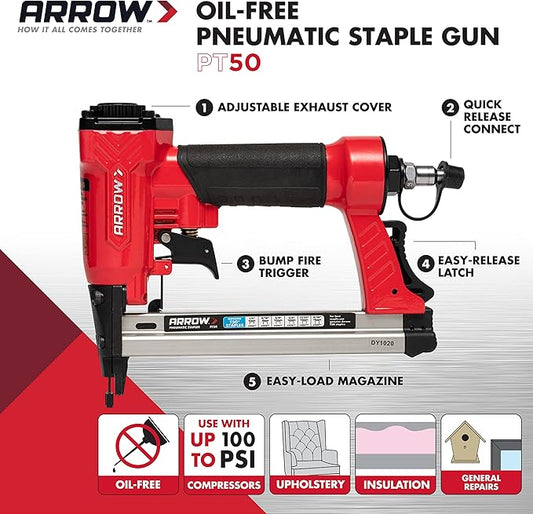 Arrow PT50 Oil-Free Pneumatic Staple Gun, Professional Heavy-Duty Stapler for Wood, Upholstery, Carpet, Wire Fencing, Fits 1/4?? 5/16?? 3/8", 1/2", 9/16??Staples , Red