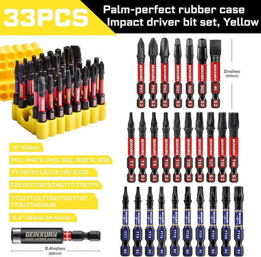 Impact Screwdriver Bits Set, 33 Pieces 2?쒶ulti Head Magnetic S2 Steel Driver Bits PH/SQ/Torx/Slotted/Security Torx With Yellow Soft Base