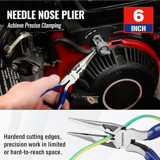 WORKPRO Pliers Set, 3-Piece Plier Tool Set with Soft Handle, 6" Needle Nose, 6" Slip Joint, 8" Groove Joint Plier for DIY & Home Use