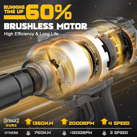 Cordless Impact Wrench 1/2 inch for Dewalt 20v Battery, 1000FT-LBS(1360N.m) Brushless Electric Impact Gun, High Torque Power Impact Driver with 6Pcs Sockets & Storage Case (Tool Only)