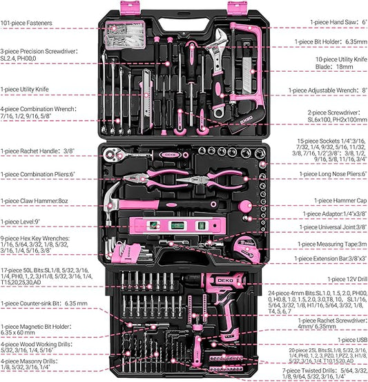 Pink Tool Kit Box Drill Set竊숧EKOPRO Home Mechanic Toolbox with 12V Power Cordless Drill Hand Repair Tools Sets Combo Kits Storage Organizer Drawer Case for Men & Women