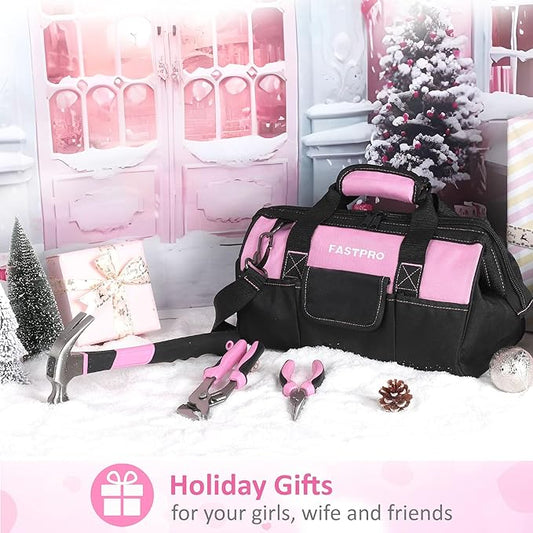 FASTPRO Pink Tool Set, 220-Piece Lady's Home Repairing Tool Kit with 12-Inch Wide Mouth Open Storage Tool Bag