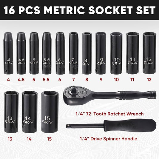 Aloanes 1/4" Drive Socket Set, 16-Piece Metric (4mm-15mm) Deep Sockets, 72-Tooth Ratchet Wrench, Drive Spinner Handle, 6 Point Design, Cr-V Steel
