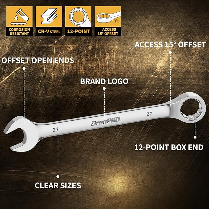 GRENPRO Metric Wrench Set, Large Wrench Set Metric and Standard, 7PC 23mm, 24mm, 26mm, 27mm, 30mm, 32mm Long Big Open End Wrench Tool Set Roll Up Pouch Organizer with Gauge, Combination Wrenches Sets