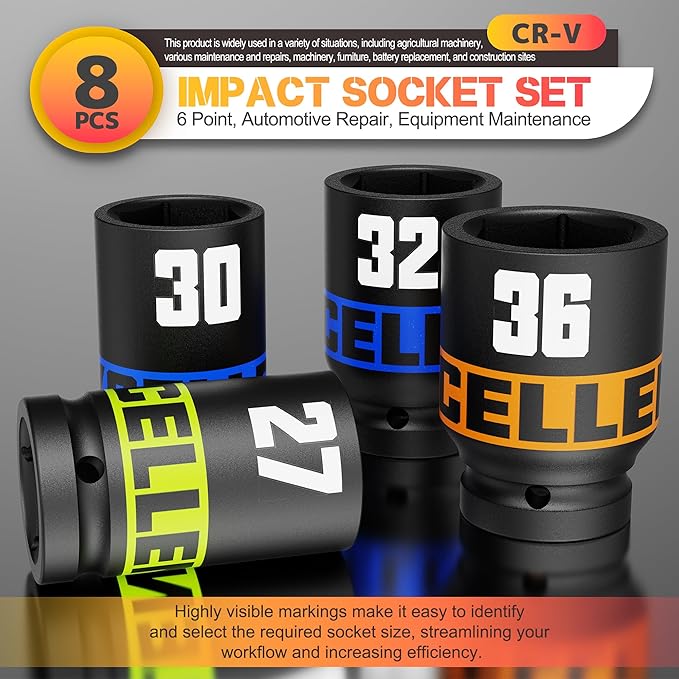 8 Piece 3/4-Inch Drive Impact Socket Set, 26-38mm Jumbo Sockets, Metric Alxe Nut Sockets for Automotive Repair, Equipment Maintenance