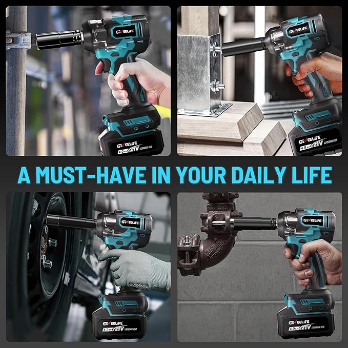 GEVEELIFE 650N.m/480Ft-lbs Brushless Impact Wrench,1/2" Cordless Impact Gun w/ 2x4.0Ah Battery & 6 Sockets, 3300RPM Power Electric Impact Driver for Car/DIY Furniture/Lawn Mower, Blue Toolbox