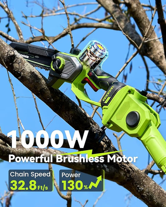 10 Inch Electric Pole Saws for Tree Trimming, 1000W Brushless Pole Saw and Mini Chainsaw 2 in 1, 2 * 4000mAh Battery, Lightweight Tree Saw with Extension Pole, 16Ft Max Reach, Gift for Men Women