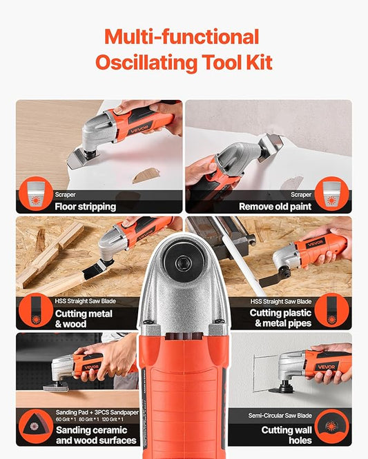 VEVOR Oscillating Tool Multitool, 2.2Amps 22,000 OPM Electric Oscillating Multi Tool Kit Corded with 2.8째 Oscillating Angle, 7PCS Saw Accessories for Cutting, Scraping, Sanding, Floor Stripping