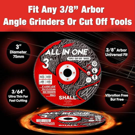 SHALL 25-Pack Cut Off Wheels 3??x 3/8??x 3/64??- Ultra Thin Cutting Wheel with Pouch for Angle Grinder & Cut-Off Tools - Fast Cutting Disc for INOX, Steel, Iron, Non-Ferrous Metal & PVC