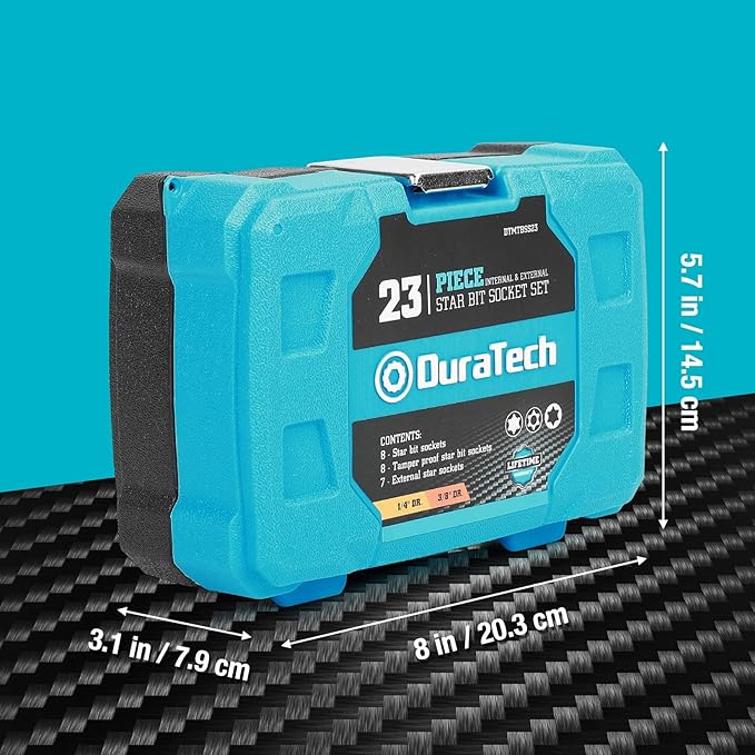DURATECH 23-Piece Bit Socket and External Torx Socket Set, 8 Star, 7 Female E-Torx, 8 Tamper Proof Sockets with Storage Box, Premium S2 and CR-V Steel Made
