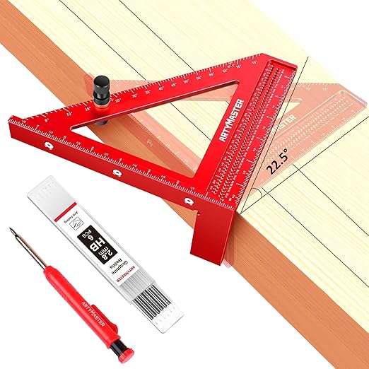 8 inch 3D Multi-Angle Measuring Square Ruler, WT103C High Precision Hole Scribing Woodworking Tools, 0-90째 Aluminum Alloy Carpenter Square with Stair Gauges, Carpenter Pencils 6 Refills.