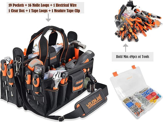 WELKINLAND 19-POCKETS Tool tote, HVAC tool bags organizer, Heavy-Duty electrician tools bag, Tool tote bag w/socket organizer tool boxes, Stay-Up maintenance tools bags