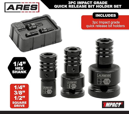 ARES 22035 ??3-Piece Impact Grade Quick Release Bit Holder Set ??1/4-Inch, 3/8-Inch, and 1/2-Inch Drive - Compatible With 1/4-Inch Hex Shank Bits - Quick Release Mechanism for Rapid Attach and Release