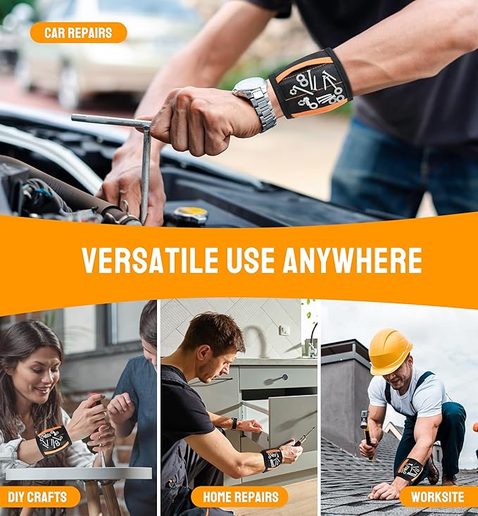 HiRui Magnetic Wristband for Tools ??Ultra-Strong 15 Neodymium Magnets Hold Screws, Nails & Bits, Dual Pockets ??Hands?멑ree for DIY, Home Repairs, Auto ??Gift?멢eady for Dad, Husband, Grandpa (Black)