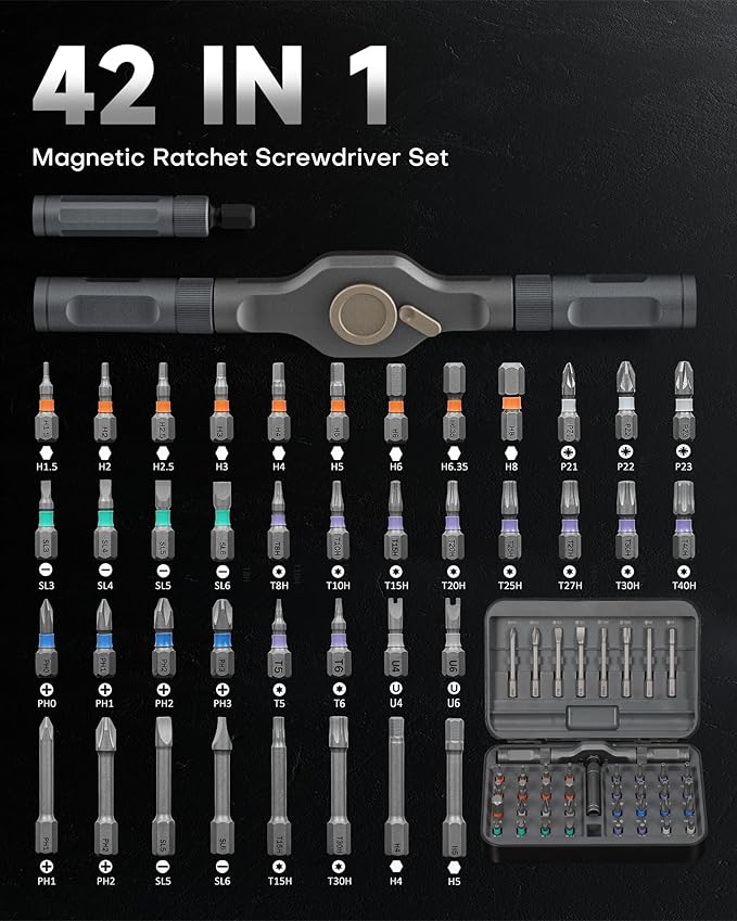 42 in 1 Magnetic Screwdriver Set, T-Handle Ratchet Screwdriver Kits with S2 Steel Bits, Precision Hand Tools for Electronics Repair, DIY Projects, Home Maintenance - Ideal Gift for Men & Women