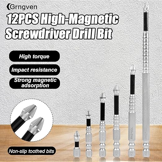 12PCS High Magnetic Screw Driver Drill Bit Set, Magnetic Drill Bits Anti-Slip Set, Strong Magnetic Durability Screwdriver Drill Bit Set, 25 50 65 70 90 150MM Magnetic Screwdriver Bits