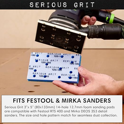 Serious Grit - 3" x 5" (80x133mm) Foam Sanding Pads - P120-150 Medium Finish Grit - 1/2" Thick Low Density Foam - Hook & Loop - Fits Festool RTS 400 & Mirka DEOS 3x5 Sanders ??Made in USA ??10 Pack