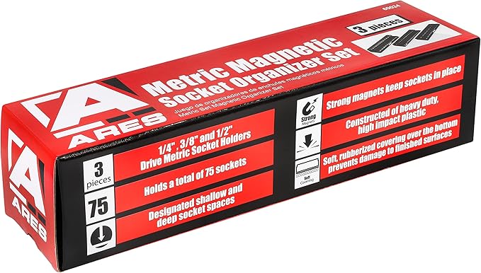 ARES 60034-3-Piece Black Metric Magnetic Socket Organizer Set - Includes 1/4-Inch, 3/8-Inch, and 1/2-Inch Socket Holders - Holds Standard Size and Deep Size Sockets - Keeps Your Tool Box Organized