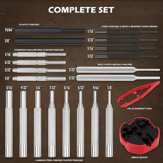 Premium Pin Punch Hammer Set: 25-Piece Punch Set and Hammer with Bench Block, Steel Roll Pin Punch Set, Pin Punches with Replaceable Face Hammer, Mechanical Repair Tool for Maintenance