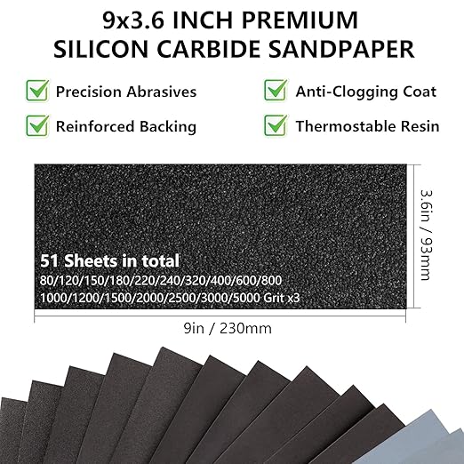 Sandpaper Assortment 80-5000 Grit, 51 Sheets, 9 x 3.6 Inch Wet Dry Sand Paper, Hand Sanding Sheets for Wood Metal Automotive Sanding and Polishing